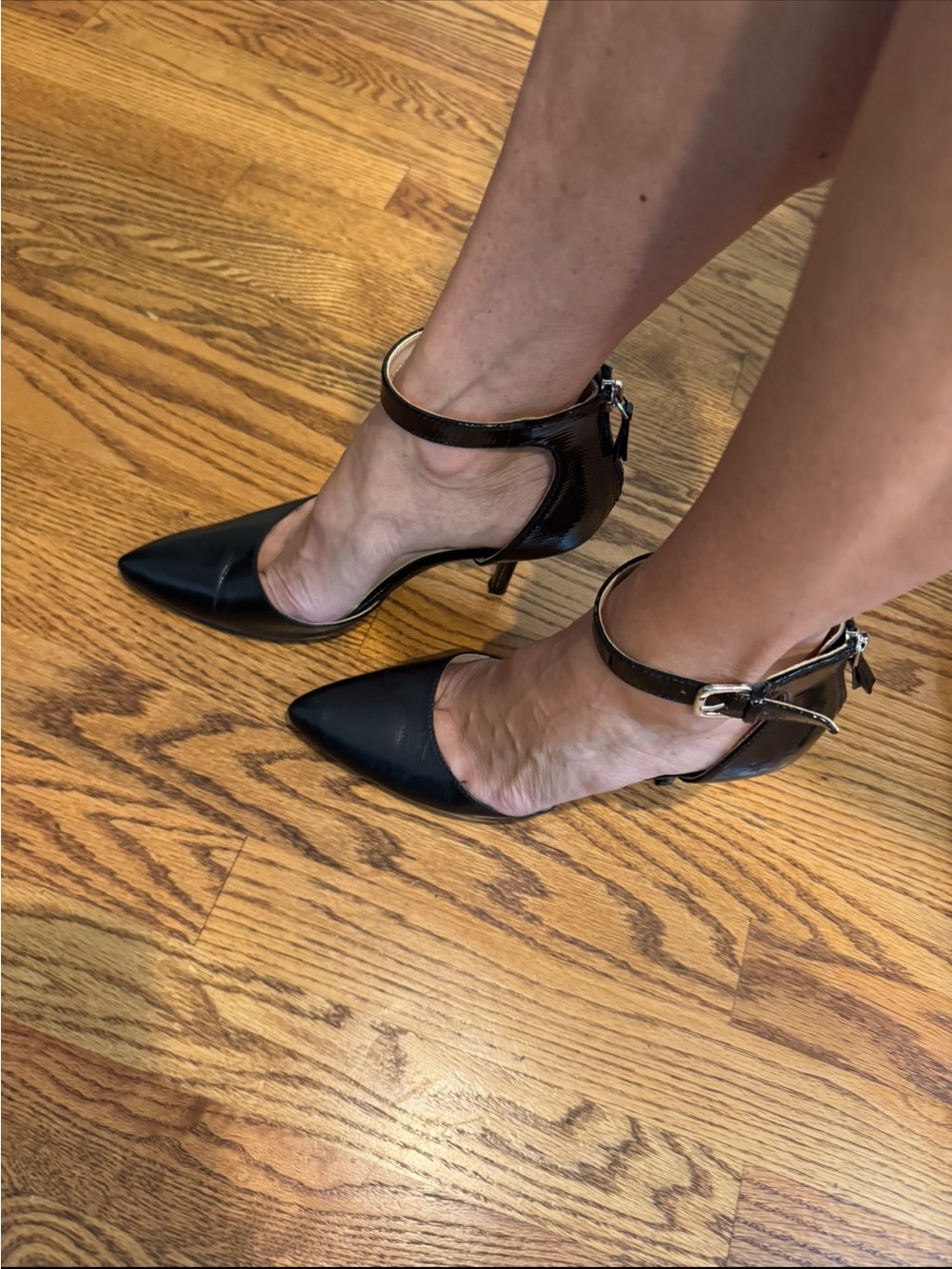 Nine West “Blue Grass” Black Patent Ankle-Strap Pointed Pumps